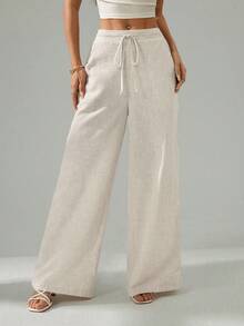 SHEIN PETITE 女士纯色亚麻系带阔腿口袋纹理通勤裤复古风格亚麻裤宽松夏季女装沙滩度假装女裤 - 杏色 - 查看 9