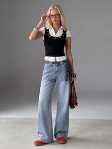 TRNVIE Quần jeans ống rộng cạp thấp có túi, phong cách thường ngày, cổ điển, hoài niệm. - Rửa trung bình - Xem 2