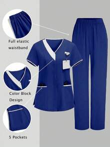 TaskEZ 两件套V领短袖上衣和裤子制服套装，清洁服务服 - 寶藍色 - 查看 1