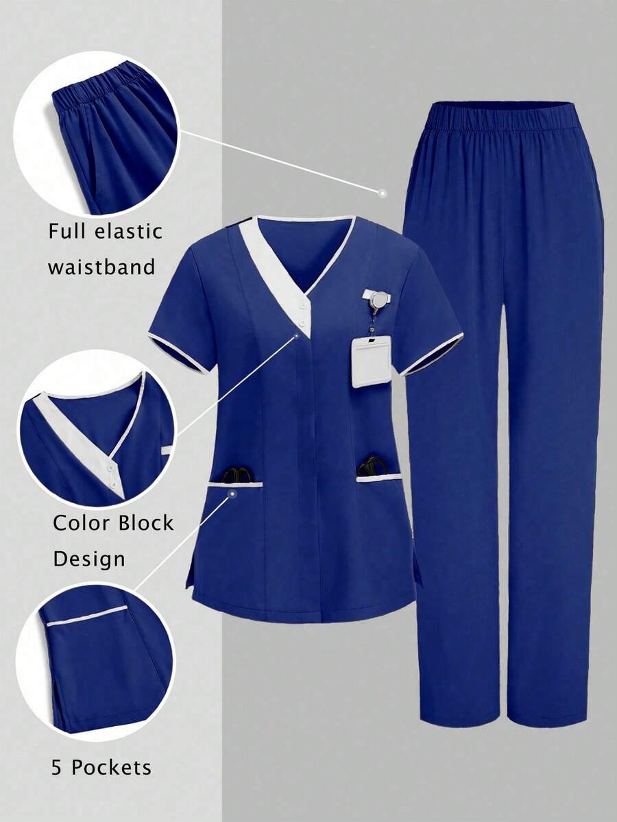 TaskEZ 两件套V领短袖上衣和裤子制服套装,清洁服务服 - 寶藍色 - 查看 1