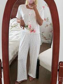 SHEIN 2pcs/Set Pink Heart Contrast Lace Trim Short Sleeve Sleepwear Top And Pants - White - View 6