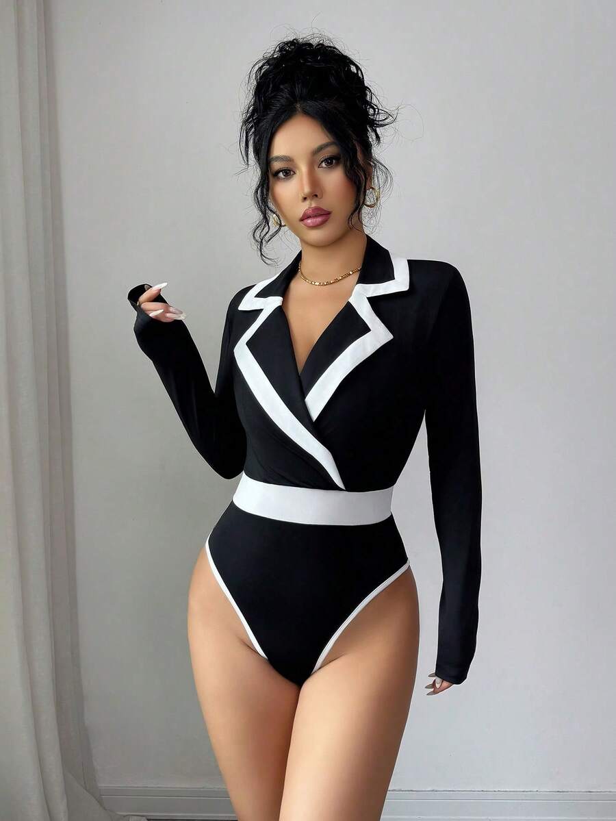 Elenzga Plus Size Women Colorblock Lapel NeckLong Sleeve Bodysuit - Black and White - View 1