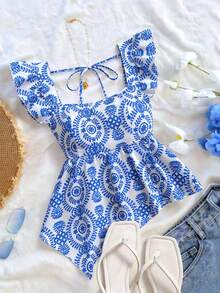 Trelyra Áo kiểu nữ cổ vuông tay bèo nhún vạt lệch in họa tiết - Màu xanh lam - Xem 1