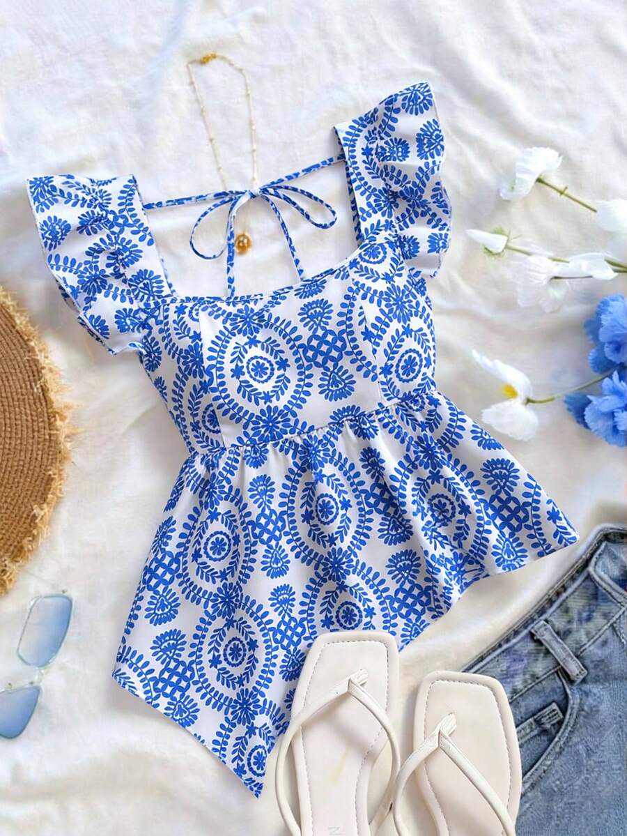 Trelyra Áo kiểu nữ cổ vuông tay bèo nhún vạt lệch in họa tiết - Màu xanh lam - Xem 1