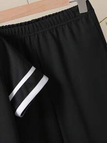 Tween Girl Striped Lapel NeckDouble-Breasted Short Sleeve Shirt And Pants Casual Outfit - Black - View 4