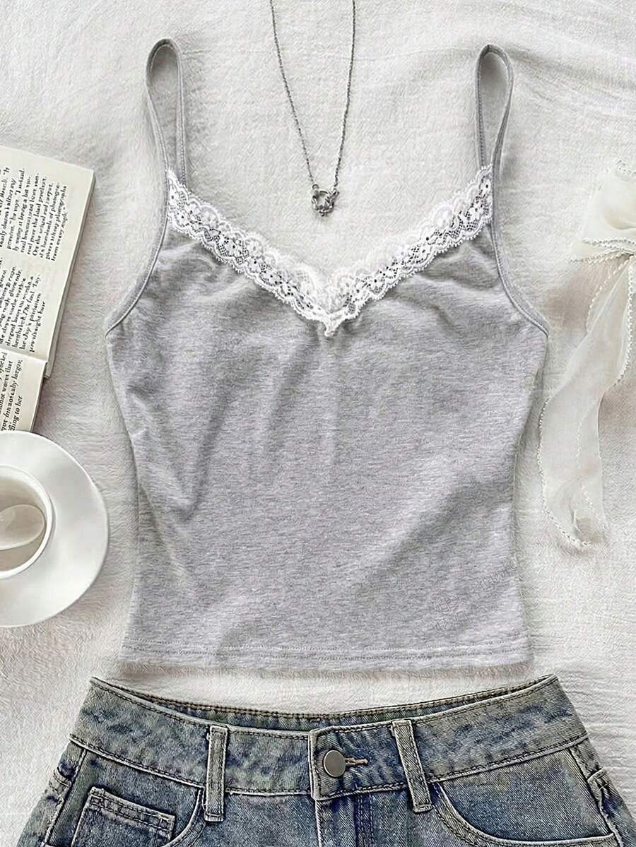 少女浅灰色和白色蕾丝芭蕾舞风格吊带背心 - 淺灰色 - 查看 1