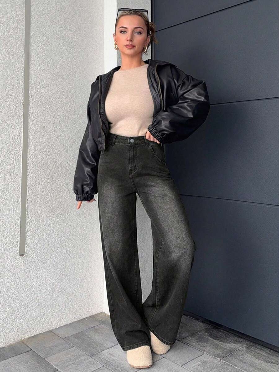 Jeta Ari 斜口袋阔腿牛仔裤、宽松牛仔裤 - 深灰色 - 查看 1