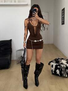 Coolane Đầm mini cổ đổ màu đen kiểu punk đính đinh tán, phong cách đường phố mùa xuân dành cho nữ, thích hợp dự tiệc, rave. - màu nâu - Xem 2