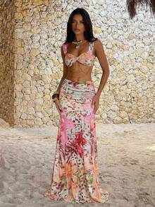 Lumalex 女士扭结设计露脐上衣和腰部褶皱迷你裙性感两件套 - 玫紅色 - 查看 5