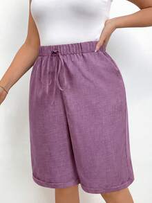EMERY ROSE Plus Size Women Solid Color Drawstring Waist Pocket Casual Versatile Daily Wear Shorts - Dusty Pink - View 6
