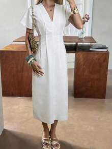 Women's Waist-Cinched V-Neck Slit Short Sleeve Elegant Fitted Business Commute Mid-Length Dress Sundress Summer - Ivory White - View 2