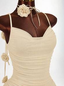 Amplova Vestido de mujer de longitud media, cuello drapeado, cordón, ribete de volantes, dobladillo con volantes, tirantes finos, espalda descubierta, decoración floral, elegante y sexy - Albaricoque - Ver 11
