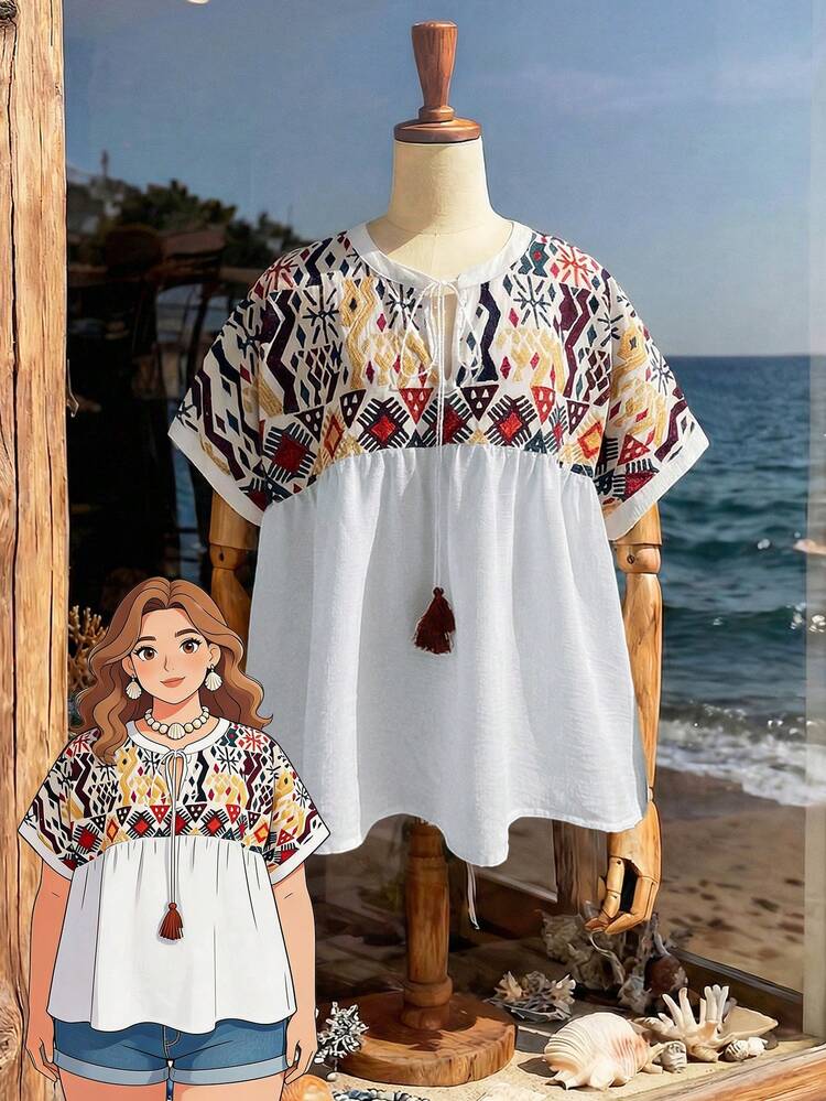 Plus Size Geometric Print Patchwork Casual Shirt\Summer\Vacation Summer Tops Summer Outfits Summer Clothes  Spring  Spring Outfit Women Spring Clothes Country Style For Women Beach Outfits For Women  Beach Vacation Outfits For Women