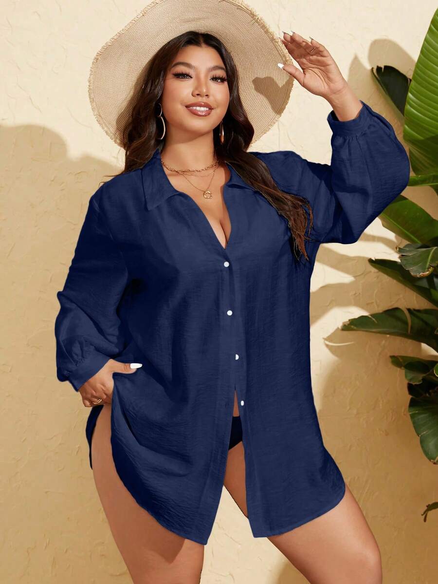 SHEIN X Sofía Suescun Swim Vcay Plus Size Women's Single Silk Stripe Long Sleeve Button Down Cardigan, Vacation Beach Plus Size Shirt - Navy Blue - View 1