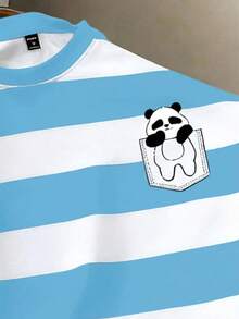 Manfinity Joysei Men's Casual Striped Panda Print Round Neck Short Sleeve T-Shirt, Summer - Blue and White - View 2