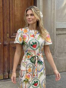 Hansera Women's Summer Casual Vacation All-Over Print Notch Neck Ruffle Hem Dress - Multicolor - View 2