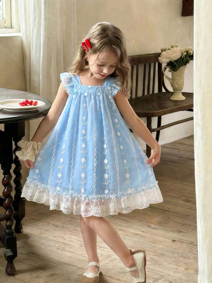 Vestido suelto con cuello cuadrado, encaje de contraste y bordado floral de malla para niña, casual y de vacaciones de verano - Celeste - Ver 1