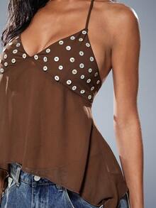 Denimoi 透视露背吊带上衣，饰有闪亮纽扣，性感露背吊带上衣，度假装扮 - 咖啡棕 - 查看 1
