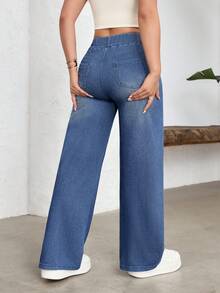 SHEIN FlexDen Quần jean ống rộng cạp chun co giãn dành cho nữ, kiểu dáng thể thao năng động. - Rửa tối - Xem 2