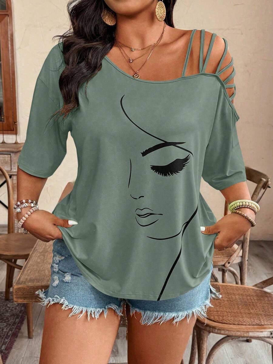 EMERY ROSE Plus Size Asymmetric Strap Portrait Print Short Sleeve T-Shirt - Multicolor - View 1
