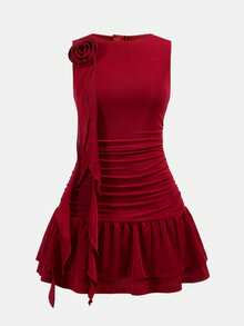 Teen Girl Red Summer Elegant Satin Party Dress,Solid Color 3D Floral Decor Ruffle Sleeveless Tank Spring Casual Dresses - Burgundy - View 4