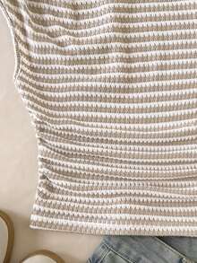 少女纹理条纹不对称肩部蝙蝠袖T恤上衣，条纹衬衫，春夏秋季穿着，通勤，优雅休闲，日常百搭 - 卡其色 - 查看 6