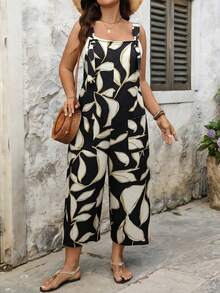 SHEIN LUNE CURVE Plus Size Drawstring Pocket Decor Straight Leg Jumpsuit - Multicolor - View 4