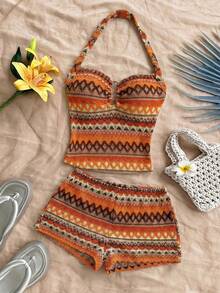 Soleia Bộ đồ thể thao tối giản thường ngày gồm áo hai dây và quần short dệt kim jacquard dành cho nữ, thích hợp cho kỳ nghỉ. - Nhiều màu - Xem 4
