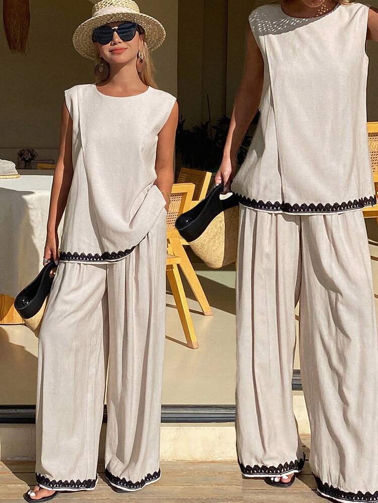 Women's Round Neck Sleeveless Contrast Color Lace Patchwork Vest And Loose Wide-Leg Pants Elegant Urban Casual 2-Piece Set Summer