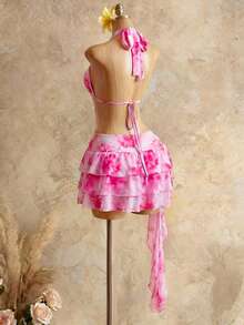 Mistrie 女士印花深V领荷叶边下摆度假迷你连衣裙 - 粉色 - 查看 2