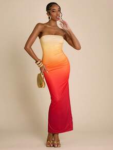 SHEIN BAE 渐变印花无肩带修身长款连衣裙，性感音乐节及约会之夜连衣裙，度假连衣裙 - 橘色 - 查看 3