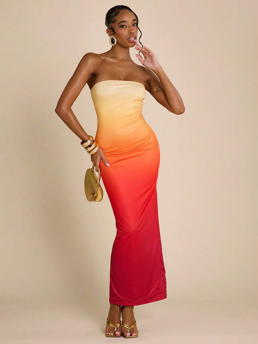 SHEIN BAE Vestido maxi ajustado sin tirantes con estampado degradado, vestido sexy para festival de música y cita, vestido de vacaciones - Naranja - Ver 1