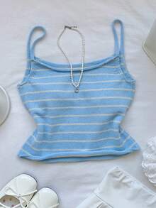 Comfortcana 女士条纹宽松休闲吊带针织上衣 - 藍色 - 查看 5