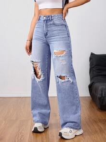 SHEIN PETITE Quần jeans nữ màu trơn, kiểu dáng tối giản, rách nhẹ, thích hợp mặc thường ngày. - Màu xanh nhạt - Xem 2