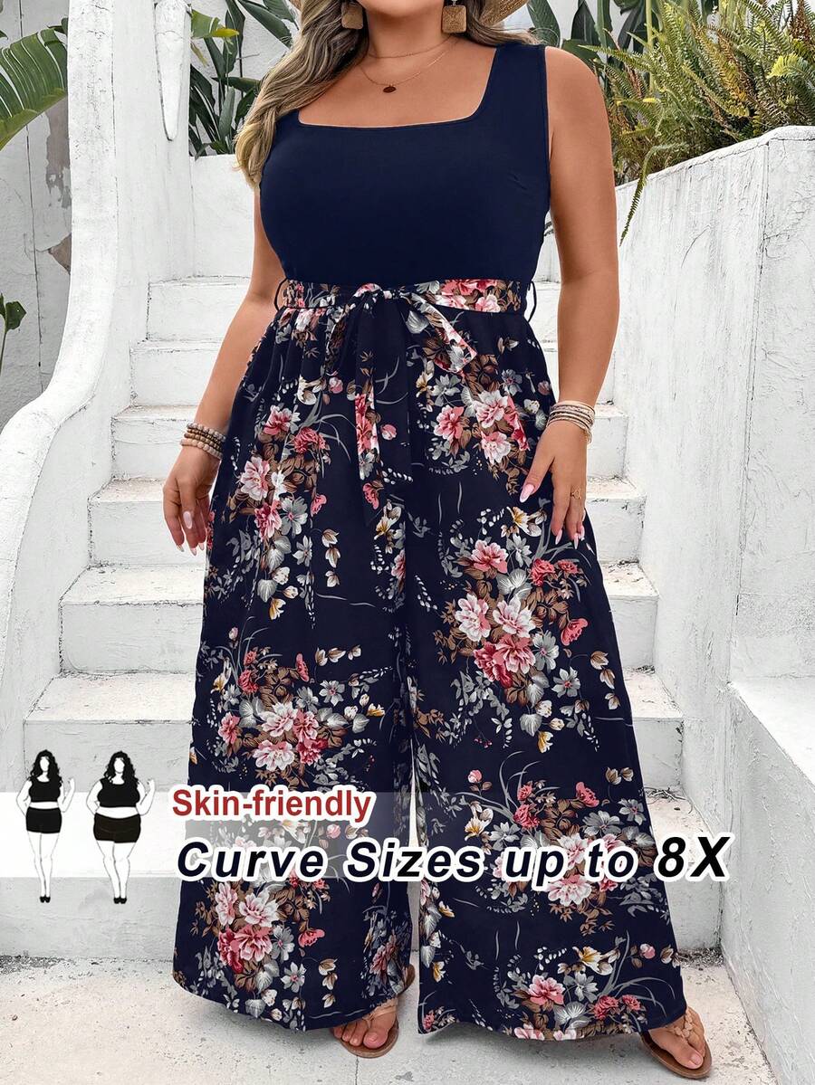 SHEIN CURVE+ 大码极简时尚休闲日常连体裤 波西米亚风度假风 - 藏蓝色 - 查看 1