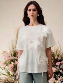 Anewsta Camiseta de cuello redondo, nueva moda primavera/verano, holgada, decorada con remaches y perlas, de algodón puro, unicolor, de manga corta - Blanco - Ver 5