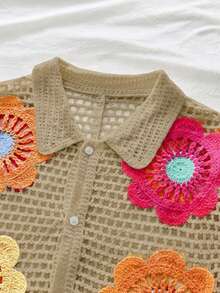 AXEPEAK 男士碎花单排扣休闲日常针织短袖上衣 - 卡其色 - 查看 3