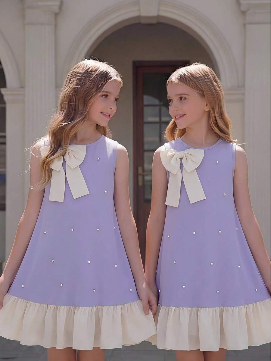 少女时尚可爱珍珠蝴蝶结无袖连衣裙 - 彩色 - 查看 1