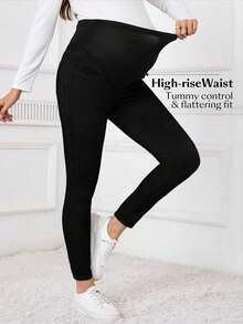 SHEIN Vaqueros minimalistas de embarazo de cintura alta y unicolor, para uso diario casual - Negro - Ver 3