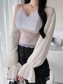 FRIFUL Áo ren nữ gợi cảm tay loe dáng ôm - Màu be - Xem 5