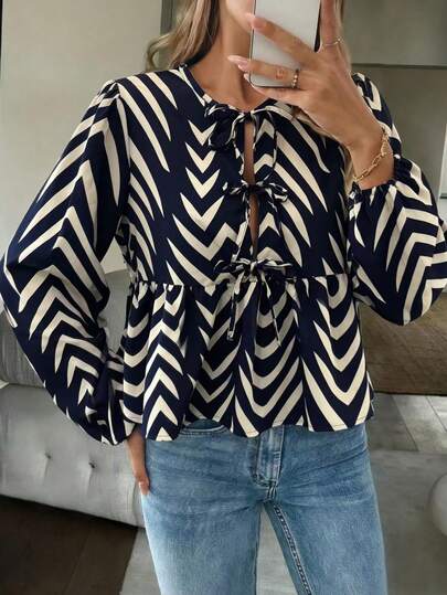 Pariaura Áo kiểu peplum tay phồng cổ buộc dây họa tiết da báo
