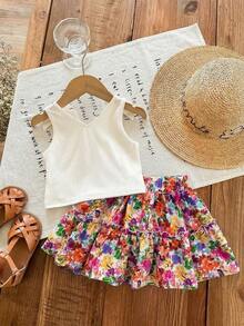 SHEIN LMoss Kids 女婴两件套：纯色针织吊带背心 + 印花雪纺迷你裙 - 彩色 - 查看 2