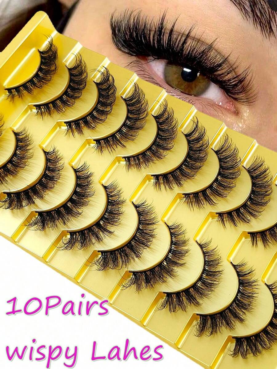 10 Pairs 5D Faux Mink Fur False Eyelashes Fluffy Crossed, Natural Wispy Volume Eye Lashes For Women, Soft Comfortable Dramatic Look, DIY Eye Makeup Decoration Kit, Best Gift For Party Wedding - Black - View 1