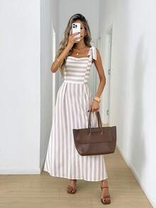 Women's Striped Tie Shoulder Casual Dress Women's Sleeveless Square Neck Striped A Line Maxi Dress VacationChic Women's Vertical Striped A Line Long Dress With Tie Shoulder Straps Summer Dress Spring Dresses Easter Dress Women Beach Dress Dress For Wedding Guest Vacation Dress,Summer Dresses For Women - Multicolor - View 5