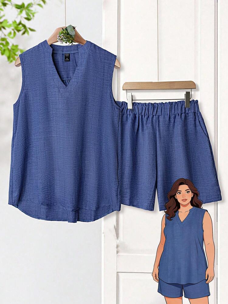 Plus Size Country Casual Solid Color Notched Neck Vest And Shorts 2 Pieces Set With Pockets, Summer Sets For Women, Vacation Outfits Woman, Casual Everyday Wear,Spring