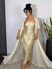 Vassilux 2025春夏高端极简蓝抹胸白披肩领连衣裙 - 黃色 - 查看 5