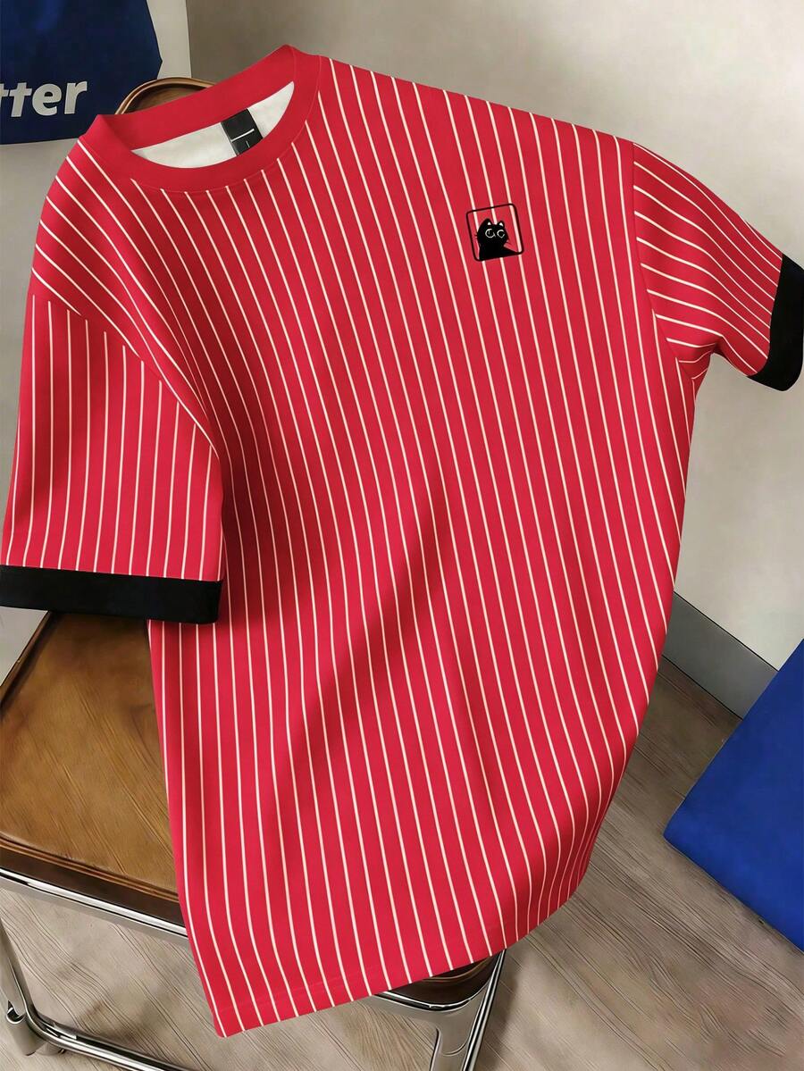 Manfinity Joysei Men's Round Neck Striped Cat Print Casual Versatile Daily Wear Short Sleeve T-Shirt - Red - View 1