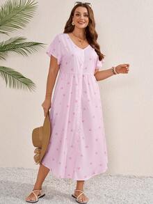 Vestido a cuadros de manga corta y cuello en V para mujer de talla, para vacaciones de verano - Rosa 2 - Ver 2