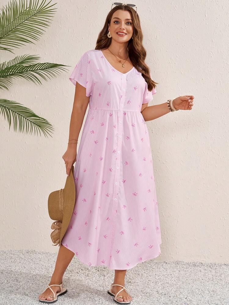 Plus Size Women's Summer Casual Vacation Country V-Neck Short Sleeve Stripe Pink Long Dress, Summer Vacation,Summer Outfits For Women ,Vacation Outfits Women ,Holiday Outfits For Women,Going Out Outfits,2026 New Clothes,Simple And Fashionable For Everyday Wear,Suitable For Summer, Vacation, Daily Wear, Festival Outfits For Women,Country Concert Outfit,Beach Outfits For Women,Flowy Dress