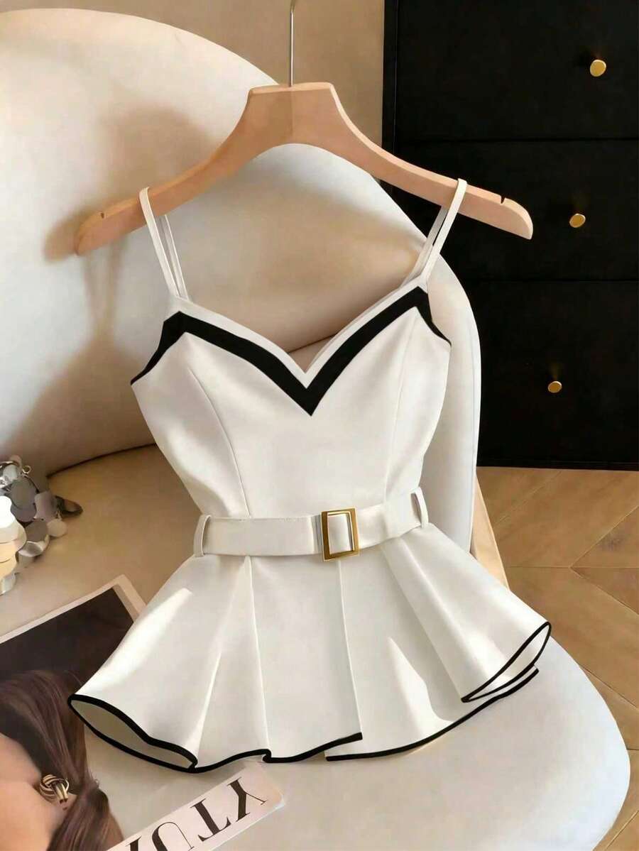 Franclia Áo hai dây phối màu đen trắng thời trang, ôm eo, dáng chữ A tinh tế và sang trọng, điểm nhấn là thắt lưng trang trí, thích hợp cho mùa xuân/hè. - Đen và trắng - Xem 1